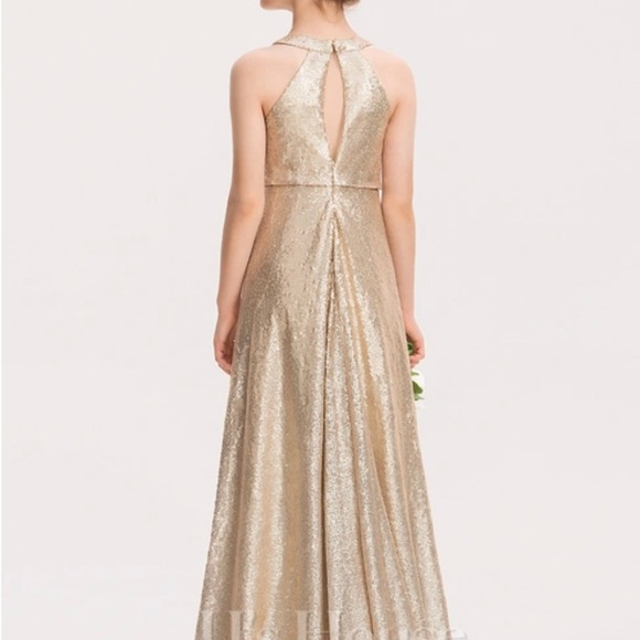 A-line Scoop Floor-Length Sequin Junior Bridesmaid Dress sz 6 - Picture 2 of 3